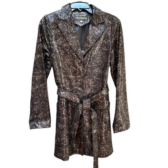 Alpaca Trench Coat Metallic Black‎ Bronze Textured Belted Mob Wife Size M - Picture 1 of 9